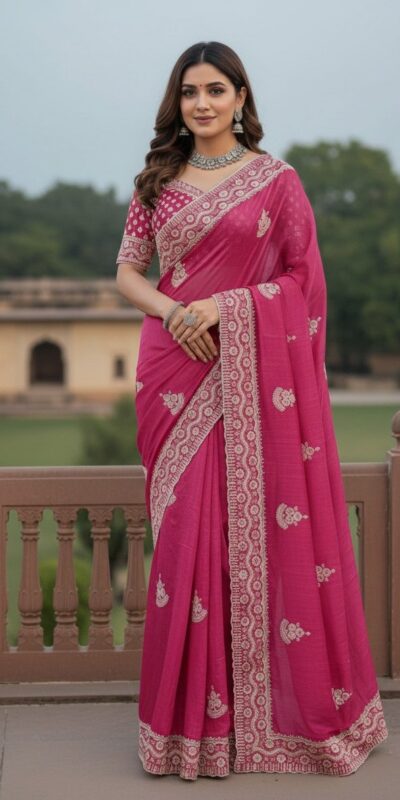 Pink Soft Gold Crush Embroidery Work Saree