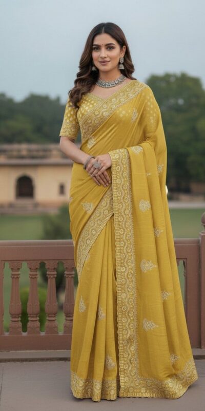 Yellow Soft Gold Crush Embroidery Work Saree