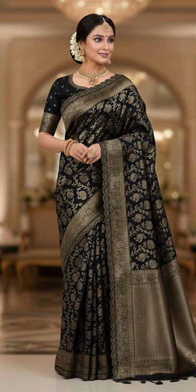MS 451 Black Litchi Silk Saree with Embroidery Work & Lace Work. Available at ₹1399 only. Delivery 4-6 Working Days. Shop now. | Designer Sarees, Sarees, Bollywood Sarees, Creative Sarees, Embroidered Sarees, Ethnic Saree, Modern Digital sarees, Party Wear Sarees
