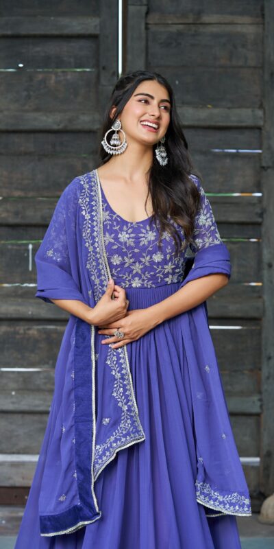 KA 1204 Blue Faux Blooming Gown with Sequins Work & Embroidery Work. Festive Deal ₹2449. Delivery 4-6 Working Days. Shop now. | Gowns, Bollywood Gowns, Creative Gowns, Designer Gowns, Embroidered Gowns, Party Wear Gowns