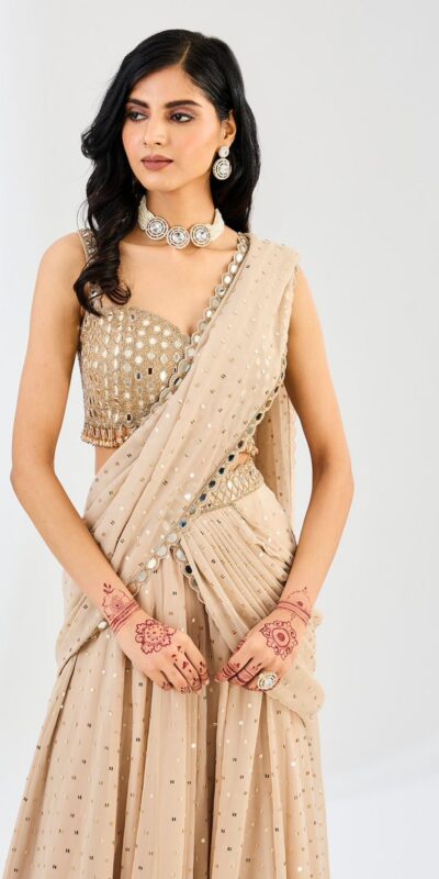 BD 1821 Chiku in Faux Georgette Mirror Work Saree . Wedding, Party, Festive, Events, Grab it for ₹2499. Delivery 4-6 Working Days. Shop now. | Designer Sarees, Sarees, Bollywood Sarees, Creative Sarees, Embroidered Sarees, Ethnic Saree, Modern Digital sarees, Party Wear Sarees
