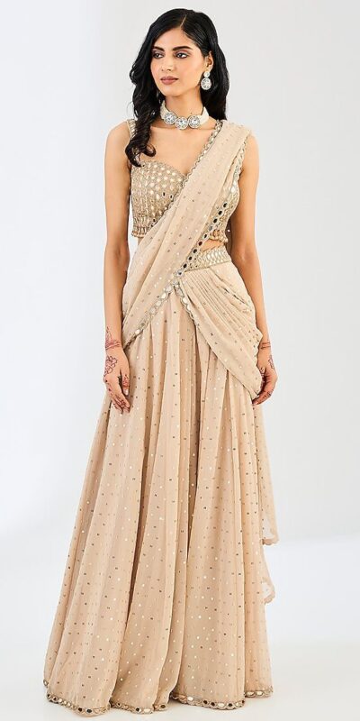 BD 1821 Chiku in Faux Georgette Mirror Work Saree . Wedding, Party, Festive, Events, Grab it for ₹2499. Delivery 4-6 Working Days. Shop now. | Designer Sarees, Sarees, Bollywood Sarees, Creative Sarees, Embroidered Sarees, Ethnic Saree, Modern Digital sarees, Party Wear Sarees