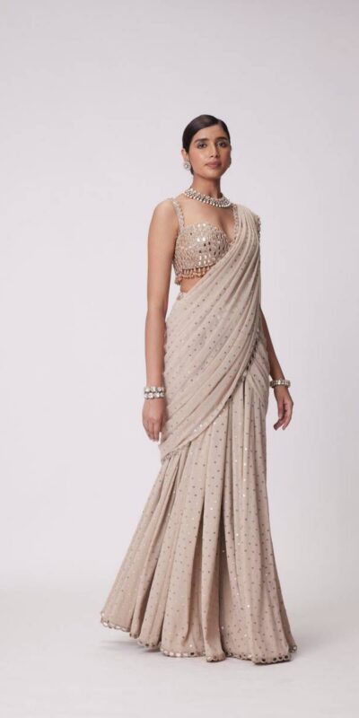 BD 1821 Chiku in Faux Georgette Mirror Work Saree . Wedding, Party, Festive, Events, Grab it for ₹2499. Delivery 4-6 Working Days. Shop now. | Designer Sarees, Sarees, Bollywood Sarees, Creative Sarees, Embroidered Sarees, Ethnic Saree, Modern Digital sarees, Party Wear Sarees