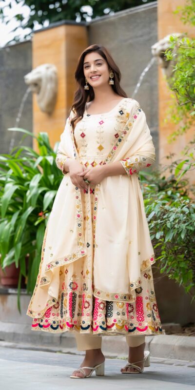 NF 1234 Cream Chinon Silk Anarkali Suit with Cut Work & Embroidery Work. Now at just ₹2599. Delivery 4-6 Working Days. Shop now. | Anarkali Suits, Bollywood Anarkali, Creative-Anarkali, Designer Anarkali, Embroidered Anarkali, Party Wear Anarkali