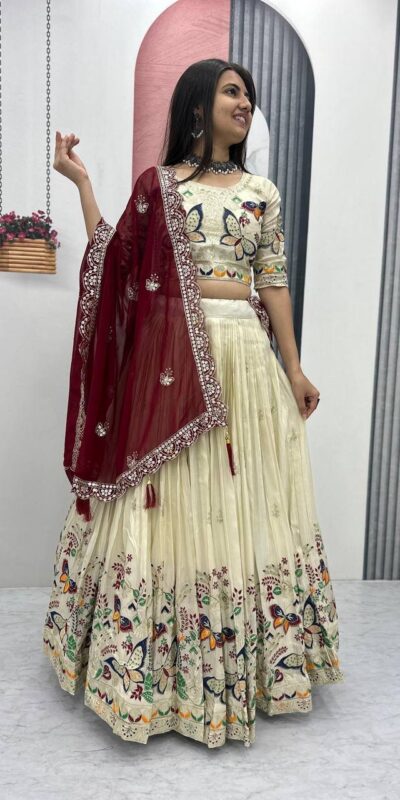 PC 491 Maroon Tissue Silk Lehenga Choli with Lace Work & Cut Work. Wedding, Party, Festive, Events Only 3249 Delivery 4-6 Working Days. Shop now. | Lehenga, Bollywood Lehenga, Creative Lehenga, Designer Lehenga, Embroidered Lehenga, Party Wear Lehenga