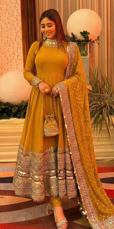 ZSR 3152 Mustered Color Roman silk Gown with Embroidery Work & Lace Work. Grab it for ₹2599. Delivery 4-6 Working Days. Shop now. | Gowns, Bollywood Gowns, Creative Gowns, Designer Gowns, Embroidered Gowns, Party Wear Gowns