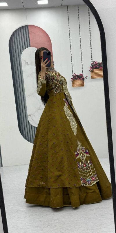 PC 528 Mustered Vichitra Sequence Work Lehenga Choli Designer Work. Grab it for ₹2649. Delivery 4-6 Working Days. Shop now. | Lehenga, Bollywood Lehenga, Creative Lehenga, Designer Lehenga, Embroidered Lehenga, Party Wear Lehenga