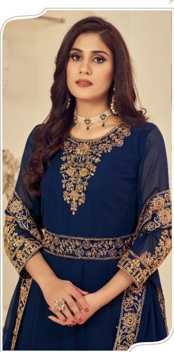 DS 1121 Navy Blue Georgette Salwar Suit with Stone Work. Get it for ₹1999. Wedding, Party, Festive, Events, Delivery 4-6 Working Days. Shop now. | Gowns, Bollywood Gowns, Creative Gowns, Designer Gowns, Embroidered Gowns, Party Wear Gowns