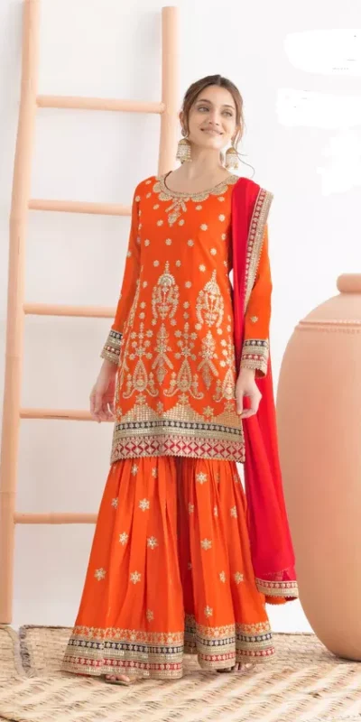 FC 725 Orange Chinon Salwar Suit Perfect for Wedding, Party, Ethnic Day, Makar Sankranti, Cultural Events – . Best Price ₹3049. Delivery 4-6 Working | Jump Suits, Salwar suit, Casual Suits, Creative suits, Designer Suits, Palazzo Suits, Party Wear Suits, Patiala Suits, Straight Suits