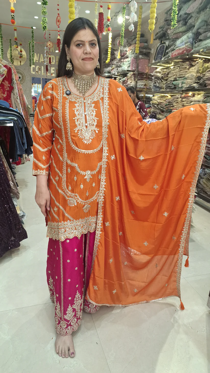 ND 5033 Orange Chinon Silk Salwar Suit with Embroidery Work & Lace Work. Affordable Price ₹2149. Delivery 4-6 Working Days. Shop now. | Jump Suits, Salwar suit, Casual Suits, Creative suits, Designer Suits, Palazzo Suits, Party Wear Suits, Patiala Suits, Straight Suits
