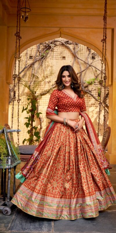 LNB 1201 Orange Tasar Silk Lehenga Choli Perfect for Wedding, Party, Traditional Day, Sangeet, Housewarming – . Introductory Price ₹2499. Delivery 4- | Lehenga, Bollywood Lehenga, Creative Lehenga, Designer Lehenga, Embroidered Lehenga, Party Wear Lehenga