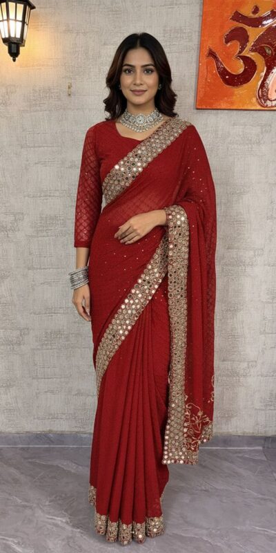 BD 1811 Red in Faux Georgette Mirror Work & Embroidery Work Saree . Exclusive Offer ₹2049. Delivery 4-6 Working Days. Shop now. | Designer Sarees, Sarees, Bollywood Sarees, Creative Sarees, Embroidered Sarees, Ethnic Saree, Modern Digital sarees, Party Wear Sarees
