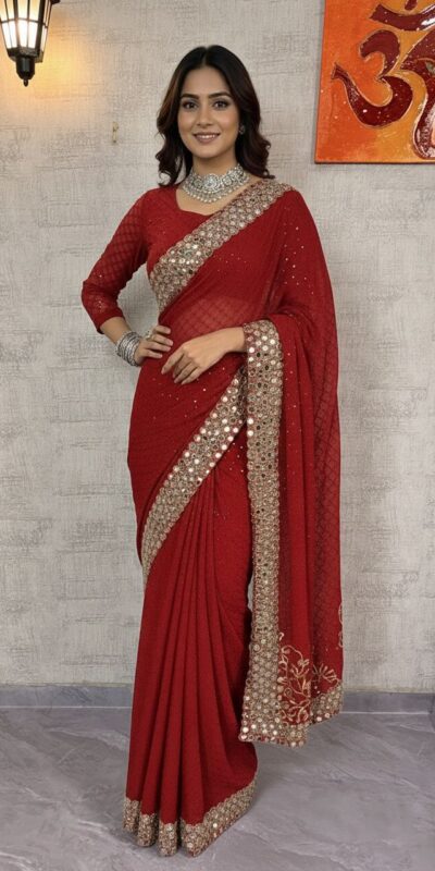 BD 1811 Red in Faux Georgette Mirror Work & Embroidery Work Saree . Exclusive Offer ₹2049. Delivery 4-6 Working Days. Shop now. | Designer Sarees, Sarees, Bollywood Sarees, Creative Sarees, Embroidered Sarees, Ethnic Saree, Modern Digital sarees, Party Wear Sarees