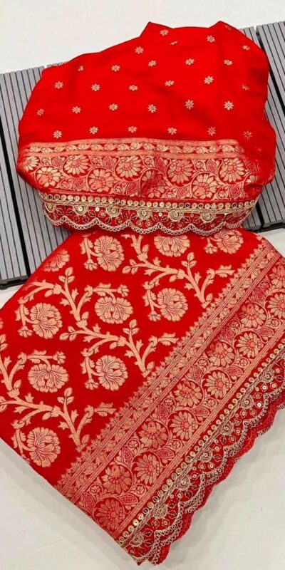 MS 451 Red Litchi Silk Saree with Embroidery Work & Lace Work. Available at ₹1399 only. Delivery 4-6 Working Days. Shop now. | Designer Sarees, Sarees, Bollywood Sarees, Creative Sarees, Embroidered Sarees, Ethnic Saree, Modern Digital sarees, Party Wear Sarees