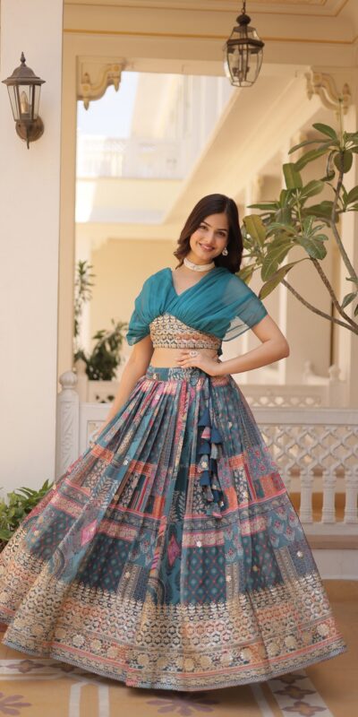 KA 5032 Teal Lehenga Choli Perfect for Wedding, Party, Temple Visit, Anniversary, Haldi – Best Price ₹3149. Delivery 4-6 Working Days. Shop now. | Lehenga, Bollywood Lehenga, Creative Lehenga, Designer Lehenga, Embroidered Lehenga, Party Wear Lehenga
