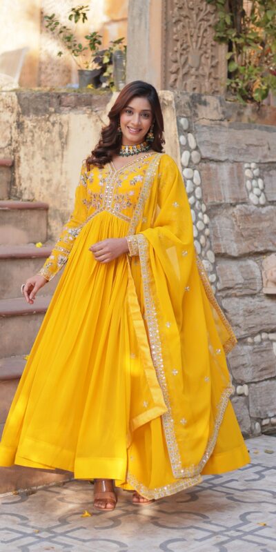 KA 1147 Yellow Faux Blooming Gown with Embroidery Work & Zari Work. Affordable Price ₹2049. Delivery 4-6 Working Days. Shop now. | Gowns, Bollywood Gowns, Creative Gowns, Designer Gowns, Embroidered Gowns, Party Wear Gowns