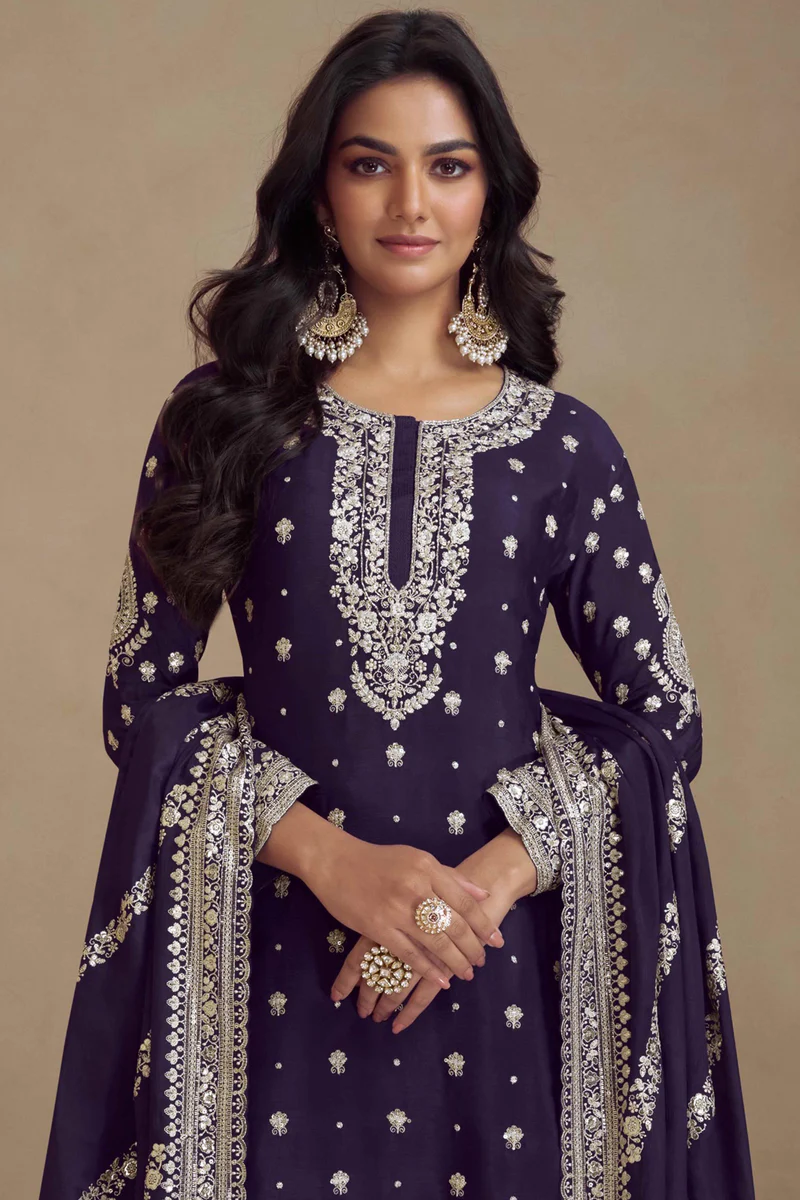 Peaceful Navy Blue Chinon Silk Embroider Work Salwar Suit - Image 3