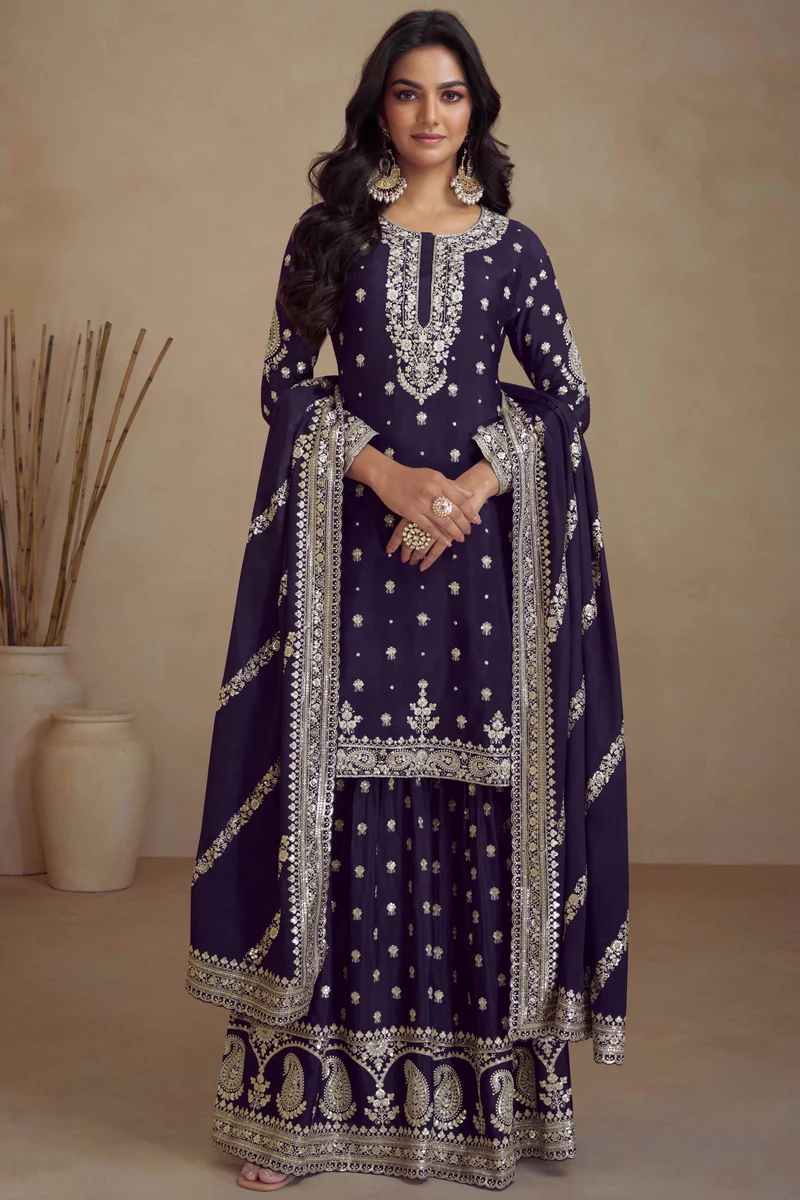 Peaceful Navy Blue Chinon Silk Embroider Work Salwar Suit