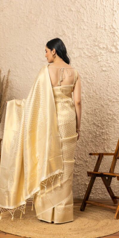 KPR 073 Off White Soft Lichi Silk Saree Perfect for Wedding, Party, Reception, Diwali, Ethnic Day – . Affordable Price ₹1299. Delivery 4-6 Working Days. | Designer Sarees, Sarees, Bollywood Sarees, Creative Sarees, Embroidered Sarees, Ethnic Saree, Modern Digital sarees, Party Wear Sarees