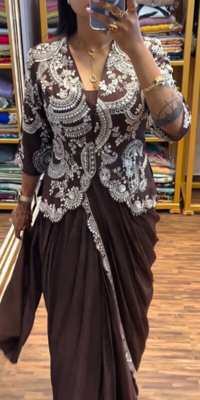ST 1035 Brown Color Faux Georgette Saree with Embroidery Work. Wedding, Party, Festive, Festive Deal ₹2049. Delivery 4-6 Working Days. Shop now. | Designer Sarees, Sarees, Bollywood Sarees, Creative Sarees, Embroidered Sarees, Ethnic Saree, Modern Digital sarees, Party Wear Sarees