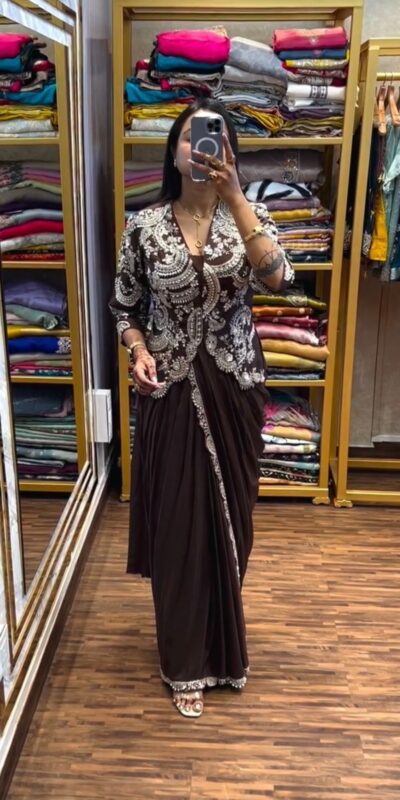 ST 1035 Brown Color Faux Georgette Saree with Embroidery Work. Wedding, Party, Festive, Festive Deal ₹2049. Delivery 4-6 Working Days. Shop now. | Designer Sarees, Sarees, Bollywood Sarees, Creative Sarees, Embroidered Sarees, Ethnic Saree, Modern Digital sarees, Party Wear Sarees