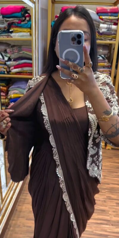 ST 1035 Brown Color Faux Georgette Saree with Embroidery Work. Wedding, Party, Festive, Festive Deal ₹2049. Delivery 4-6 Working Days. Shop now. | Designer Sarees, Sarees, Bollywood Sarees, Creative Sarees, Embroidered Sarees, Ethnic Saree, Modern Digital sarees, Party Wear Sarees
