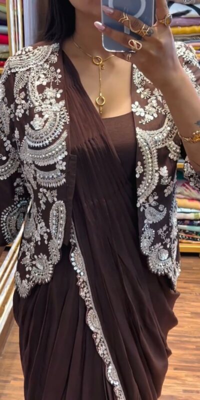 ST 1035 Brown Color Faux Georgette Saree with Embroidery Work. Wedding, Party, Festive, Festive Deal ₹2049. Delivery 4-6 Working Days. Shop now. | Designer Sarees, Sarees, Bollywood Sarees, Creative Sarees, Embroidered Sarees, Ethnic Saree, Modern Digital sarees, Party Wear Sarees