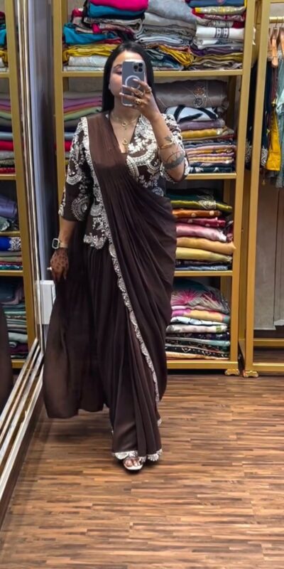 ST 1035 Brown Color Faux Georgette Saree with Embroidery Work. Wedding, Party, Festive, Festive Deal ₹2049. Delivery 4-6 Working Days. Shop now. | Designer Sarees, Sarees, Bollywood Sarees, Creative Sarees, Embroidered Sarees, Ethnic Saree, Modern Digital sarees, Party Wear Sarees