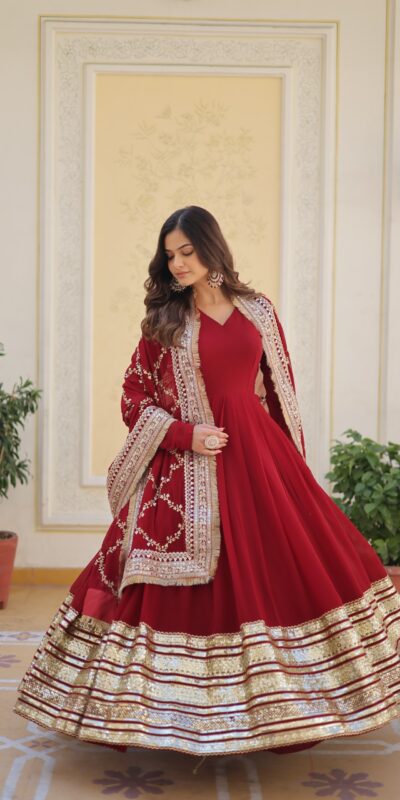 KA 1082 Maroon Faux Blooming Gown with Embroidery Work & Zari Work. Available at ₹3149 only. Delivery 4-6 Working Days. Shop now. | Gowns, Bollywood Gowns, Creative Gowns, Designer Gowns, Embroidered Gowns, Party Wear Gowns