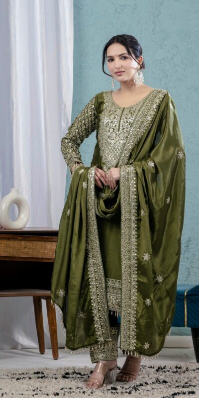 MF 444 Mehandi Chnnon Silk Salwar Suit with Lace Work & Embroidery Work. Introductory Price ₹2099. Delivery 4-6 Working Days. Shop now. | Jump Suits, Salwar suit, Casual Suits, Creative suits, Designer Suits, Palazzo Suits, Party Wear Suits, Patiala Suits, Straight Suits