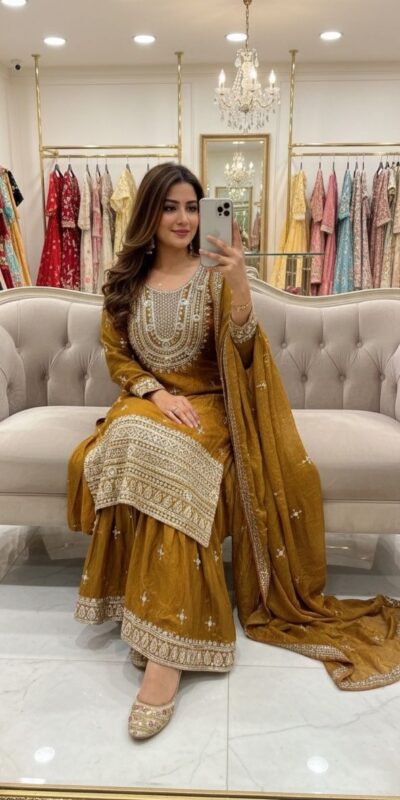 WW 1249 Mustered Fendy Silk Salwar Suit with Mirror Work & Embroidery Work. Best Price ₹2399. Delivery 4-6 Working Days. Shop now. | Jump Suits, Salwar suit, Casual Suits, Creative suits, Designer Suits, Palazzo Suits, Party Wear Suits, Patiala Suits, Straight Suits