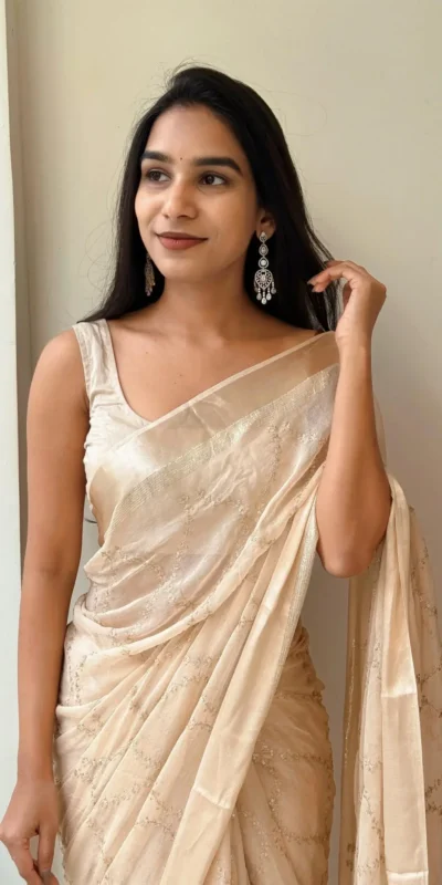 MS 505 Off White Viscose Satin Saree with Sequins Work & Embroidery Work. Special Price ₹1599. Delivery 4-6 Working Days. Shop now. | Creative Sarees, Sarees, Bollywood Sarees, Designer Sarees, Embroidered Sarees, Ethnic Saree, Modern Digital sarees, Party Wear Sarees