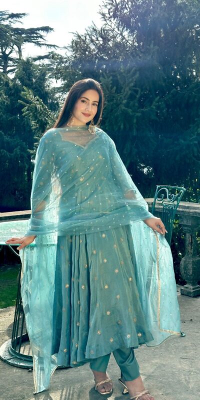 SSR 524 Sky Blue Color Vichitra silk Gown with Bead Work & Lace Work. Now at just ₹1999. Delivery 4-6 Working Days. Shop now. | Gowns, Bollywood Gowns, Creative Gowns, Designer Gowns, Embroidered Gowns, Party Wear Gowns