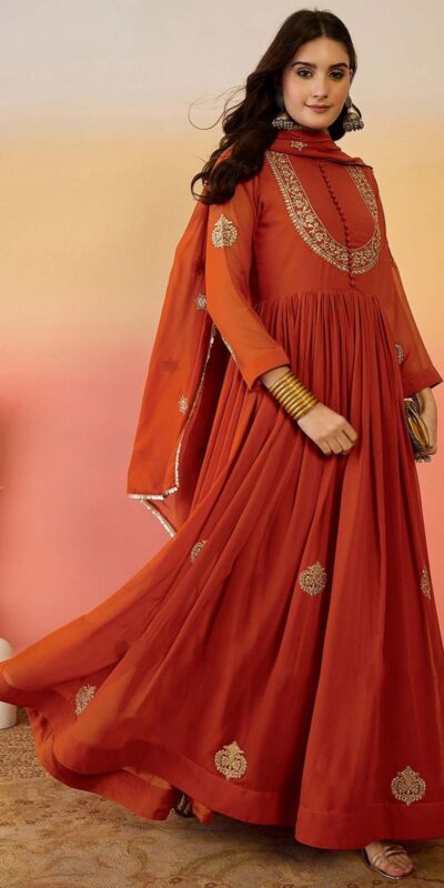 ZF 501 Rust Color Fox Blooming Georgette Gown with Lace Work. Affordable Price ₹2149. Delivery 4-6 Working Days. Shop now. | Gowns, Bollywood Gowns, Creative Gowns, Designer Gowns, Embroidered Gowns, Party Wear Gowns
