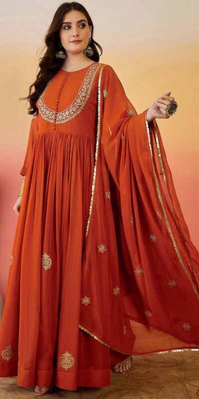 ZF 501 Rust Color Fox Blooming Georgette Gown with Lace Work. Affordable Price ₹2149. Delivery 4-6 Working Days. Shop now. | Gowns, Bollywood Gowns, Creative Gowns, Designer Gowns, Embroidered Gowns, Party Wear Gowns
