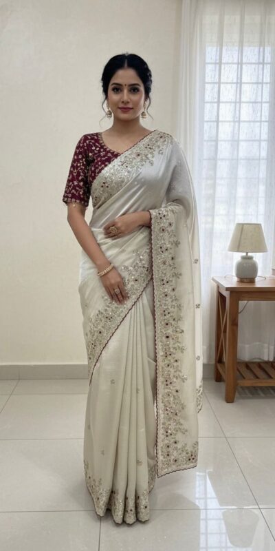 NC 5555 White Organza Silk Saree with Sequins Work & Embroidery Work. Exclusive Offer ₹2049. Delivery 4-6 Working Days. Shop now. | Designer Sarees, Sarees, Bollywood Sarees, Creative Sarees, Embroidered Sarees, Ethnic Saree, Modern Digital sarees, Party Wear Sarees