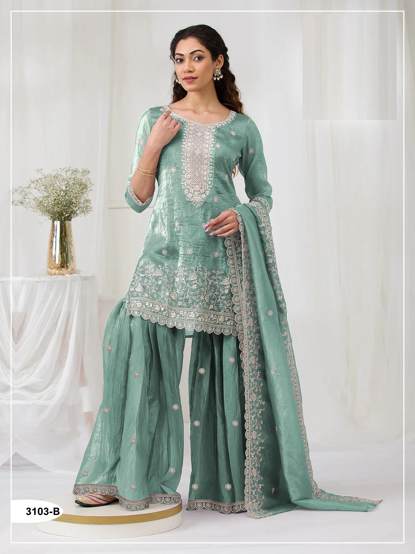 Elegant Sea Green Gold Crush Embroidery Work Salwar Suit