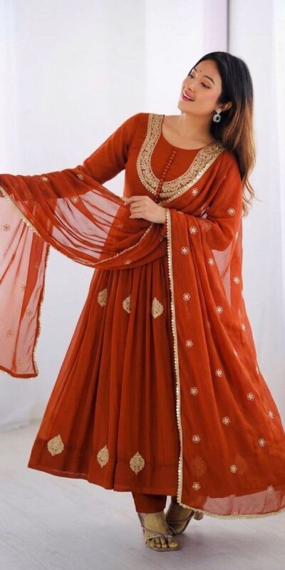 ZF 5018 Orange Color Blooming Georgette Gown With Coding Work . Get it for ₹2049. Delivery 4-6 Working Days. Online Shop now. | Gowns, Bollywood Gowns, Creative Gowns, Designer Gowns, Embroidered Gowns, Party Wear Gowns