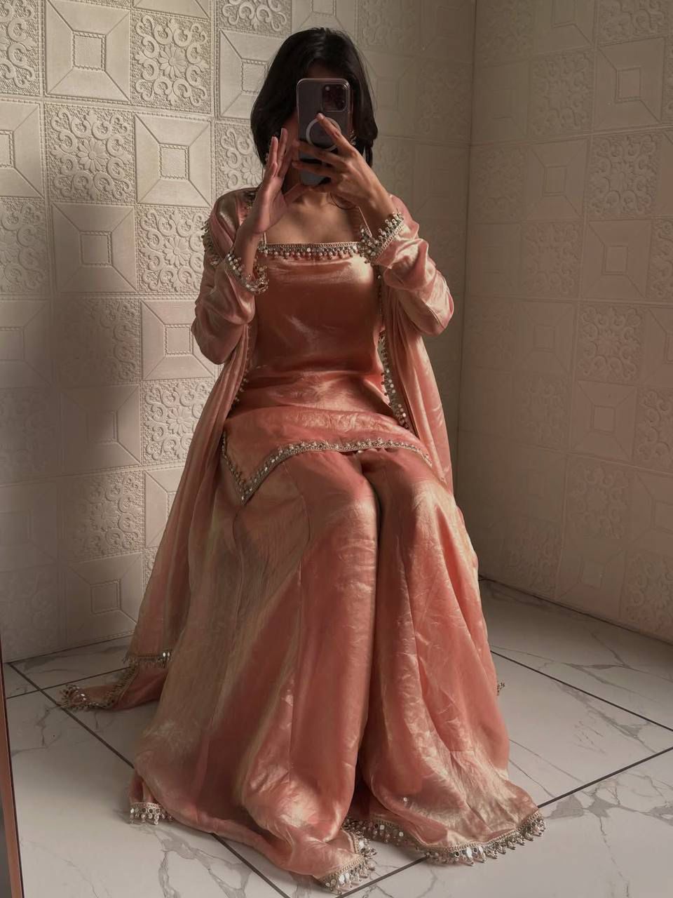 Elegant Peach Fandy Silk Embroidery Work Salwar Suit