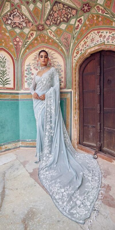 DF 3478 Sky Blue Faux Georgette Embroidery Work Saree . Perfect for Wedding, Party, Onam, Family ,Festive Deal ₹2049. Delivery 4-6 Working Days | Designer Sarees, Modern Digital sarees, Sarees, Bollywood Sarees, Creative Sarees, Embroidered Sarees, Ethnic Saree, Party Wear Sarees