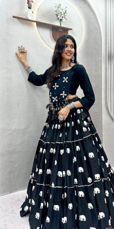 Ram 181 Black Color Pure Cotton Lehenga Choli with Cowrie Work. Festive Deal ₹2649. Delivery 4-6 Working Days. Online Shop now. | Lehenga, Bollywood Lehenga, Creative Lehenga, Designer Lehenga, Embroidered Lehenga, Party Wear Lehenga