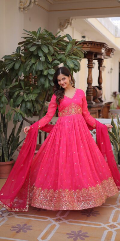 KA 1235 Pink Color Russian Silk Gown with Zari Work & Embroidery Work. Now at just ₹2499. Delivery 4-6 Working Days. Shop now. | Gowns, Bollywood Gowns, Creative Gowns, Designer Gowns, Embroidered Gowns, Party Wear Gowns