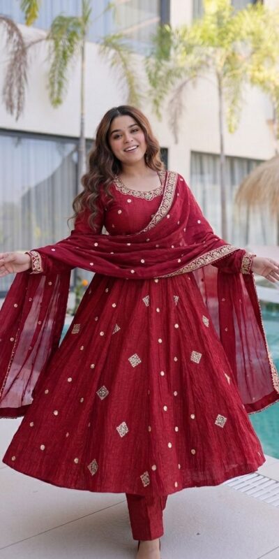 SRK 5351 Red Crunchy Silk Gown Perfect for Wedding, Party, Haldi, Anniversary, Holi – . Affordable Price ₹2149. Delivery 4-6 Working Days. Shop now. | Gowns, Bollywood Gowns, Creative Gowns, Designer Gowns, Embroidered Gowns, Party Wear Gowns