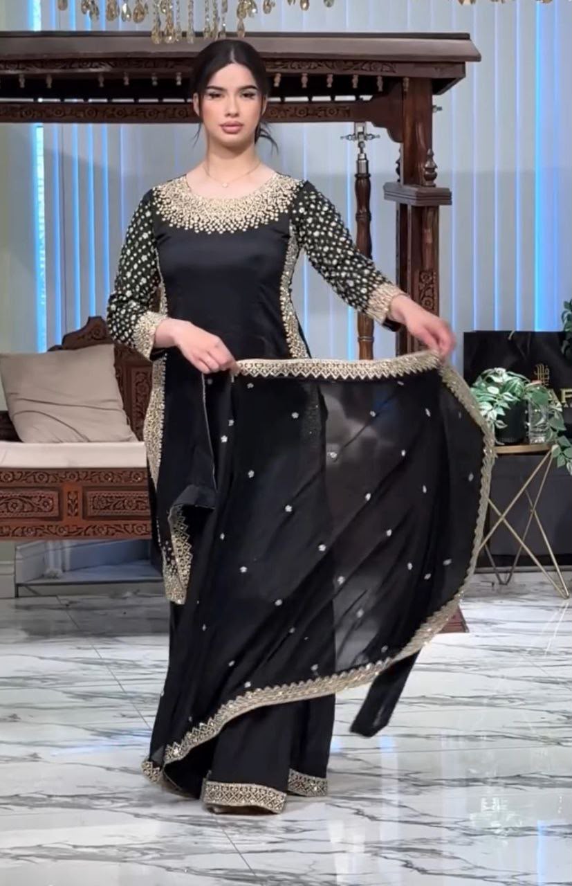 Unique Black Natural Crepe Embroidery Work Salwar Suit