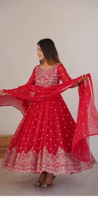 Alternative view of Shiny Red Faux Georgette Thread Work Anarkali Suit