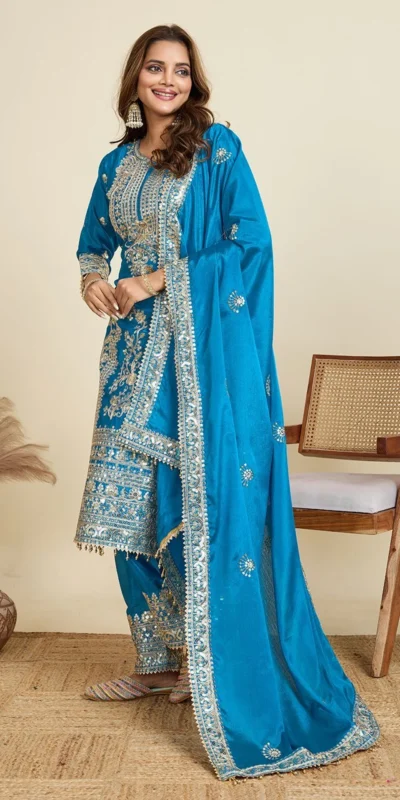 ZD 10020 Blue Chinon Silk Salwar Suit Perfect for Wedding, Party, Ganesh Chaturthi, Baby Shower, Makar Sankranti – . Affordable Price ₹1999. | Jump Suits, Salwar suit, Casual Suits, Creative suits, Designer Suits, Palazzo Suits, Party Wear Suits, Patiala Suits, Straight Suits