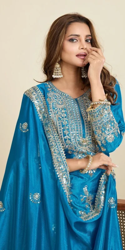 ZD 10020 Blue Chinon Silk Salwar Suit Perfect for Wedding, Party, Ganesh Chaturthi, Baby Shower, Makar Sankranti – . Affordable Price ₹1999. | Jump Suits, Salwar suit, Casual Suits, Creative suits, Designer Suits, Palazzo Suits, Party Wear Suits, Patiala Suits, Straight Suits