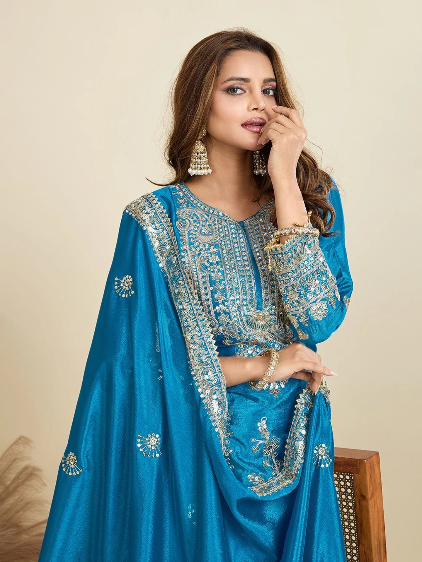ZD 10020 Blue Chinon Silk Salwar Suit Perfect for Wedding, Party, Ganesh Chaturthi, Baby Shower, Makar Sankranti – . Affordable Price ₹1999. | Jump Suits, Salwar suit, Casual Suits, Creative suits, Designer Suits, Palazzo Suits, Party Wear Suits, Patiala Suits, Straight Suits