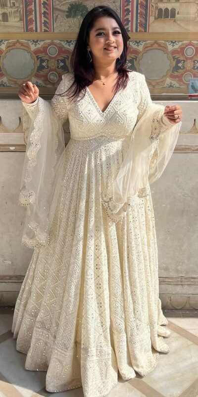 ZB 5029 White Fox Georgette Gown Perfect for Wedding, Party, Makar Sankranti, Festival Celebrations, Engagement –. Grab it for ₹2549. Delivery 4-6 Worki | Gowns, Bollywood Gowns, Creative Gowns, Designer Gowns, Embroidered Gowns, Party Wear Gowns