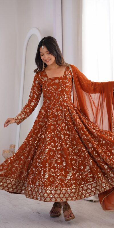 ZF 5024 Rust Fox Perfect for Wedding, Party, Durga Puja, Diwali, Anniversary –Georgette Gown. Now at just ₹2399. Delivery 4-6 Working Days. Shop now. | Gowns, Bollywood Gowns, Creative Gowns, Designer Gowns, Embroidered Gowns, Party Wear Gowns